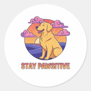Sticker Rond Restez Pawsitive Rétro Chien Golden Retriever Couc