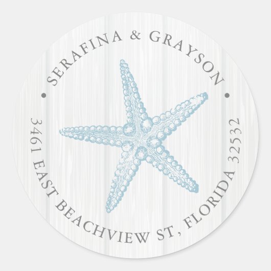 Sticker Rond Retour Adresse Blue Starfish Rustic Beach Mariage (Devant)