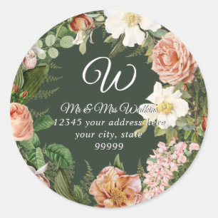 Sticker Rond Retour Adresse Monogramme Floral Ivory Peony Forêt