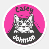 Sticker Rond Retour au nom de l'école étiquette, mignonne félin (Devant)