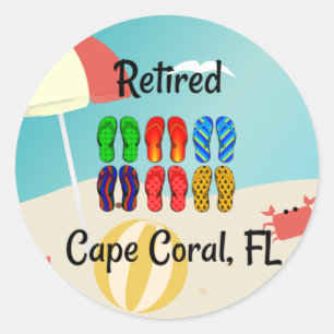 Sticker Rond Retraité, Cape Coral, FL, design de plage,