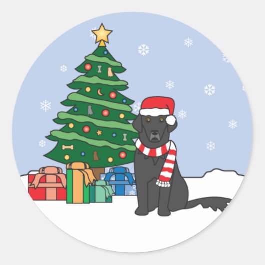 Sticker Rond Retriever à couche plate et sapin de Noël (Devant)