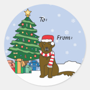 Sticker Rond Retriever à couche plate et sapin de Noël