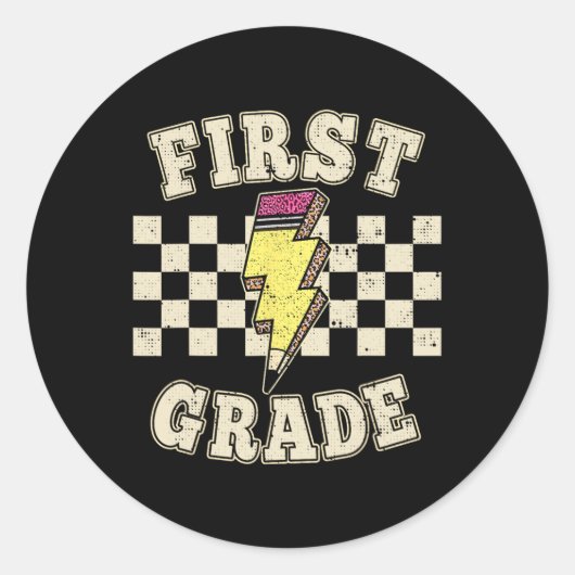 Sticker Rond Retro 1st First Grade Teacher Lightning Bolt Penci (Devant)