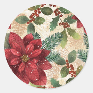 Sticker Rond Rétro 50 Poinsettia Rouge Vert Crème
