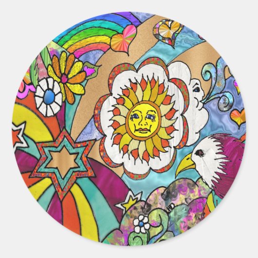 Sticker Rond Retro 60s Psychedelic Sunshine Aigle Cadeaux (Devant)