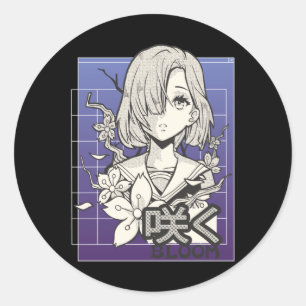 Sticker Rond Retro Anime Girl Otaku Manga Ado comique Japonais