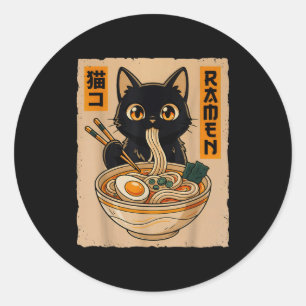 Sticker Rond Rétro Anime Kawaii Chat Noir Mangeant des Nouilles