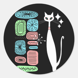 Sticker Rond Retro Atomique Mi-Siècle moderne Chat blanc