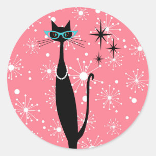 Sticker Rond Retro Atomique Moyen Siècle Moderne MCM Chat noir
