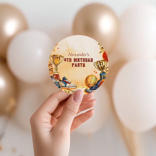 Sticker Rond Retro Basketball Trophy Birthday