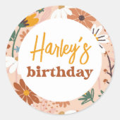 Sticker Rond Retro Boho Fleur sauvage Fête d'anniversaire fille (Devant)