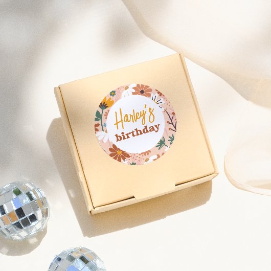 Sticker Rond Retro Boho Fleur sauvage Fête d'anniversaire fille