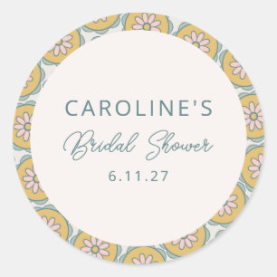 Sticker Rond Rétro Boho Floral Jaune Mariage Personnalisé