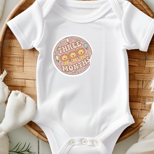 Sticker Rond Retro Boho Lion Trio Baby Three Months Milestone