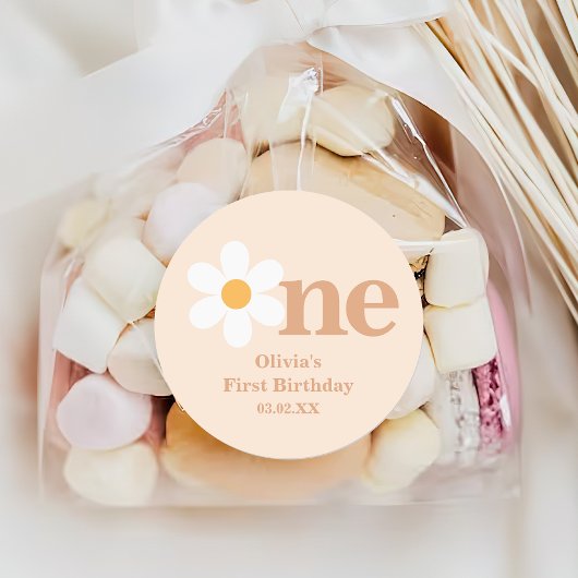 Sticker Rond Retro Boho One Daisy Premier anniversaire