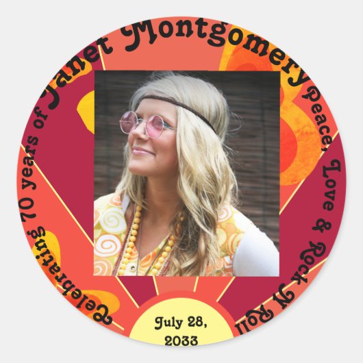 Sticker Rond Retro Boomer Hippy Sunrise Photo Anniversaire (Devant)