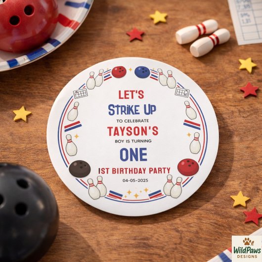 Sticker Rond Retro Bowling 1st Birthday Party – Fun Kids 