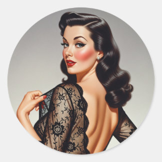 Sticker Rond Retro Brunette Pin-up Girl 50's Glamour Style
