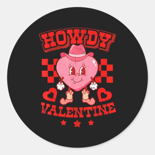Sticker Rond Retro Checkered Howdy Western Valentines Day Cowbo (Devant)
