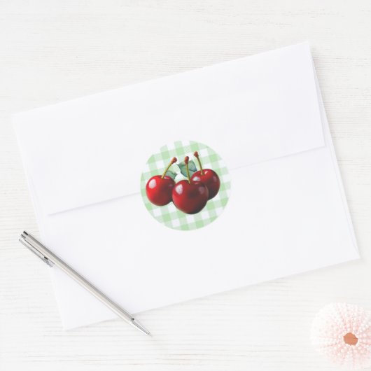Sticker Rond Retro Cherries fresh picked green gingham (Enveloppe)