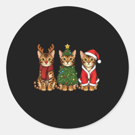 Sticker Rond Retro Christmas Bengal Cat Santa Reindeer  (Devant)