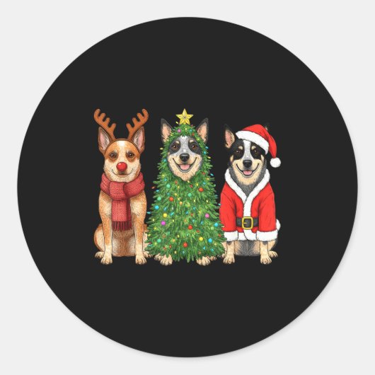 Sticker Rond Retro Christmas Blue Heeler Santa Reindeer Dog Lov (Devant)