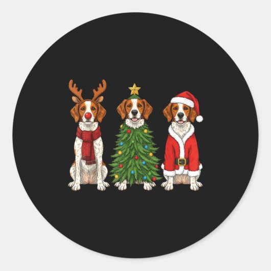 Sticker Rond Retro Christmas Brittany Spaniel Santa Reindeer Do (Devant)