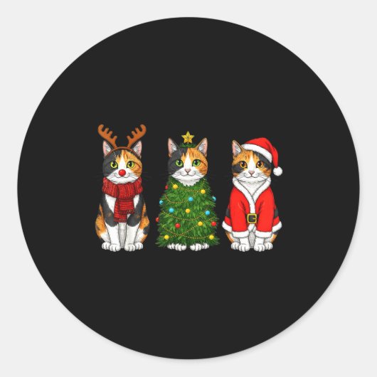 Sticker Rond Retro Christmas Calico Cat Santa Reindeer (Devant)