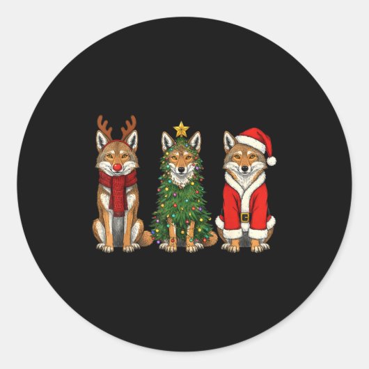 Sticker Rond Retro Christmas Coyote Santa Reindeer (Devant)