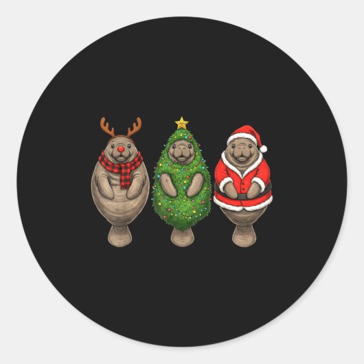 Sticker Rond Retro Christmas Manatee Santa Reindeer (Devant)