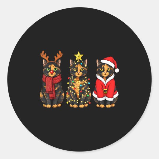 Sticker Rond Retro Christmas Tortoiseshell Cat Santa Reindeer  (Devant)