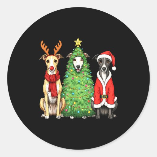 Sticker Rond Retro Christmas Whippet Santa Reindeer Dog Lover (Devant)