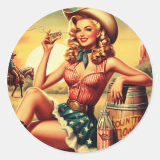Sticker Rond Retro Cute Cowgirl