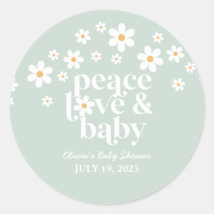 Sticker Rond Retro Daisy boho Peace Love Baby shower