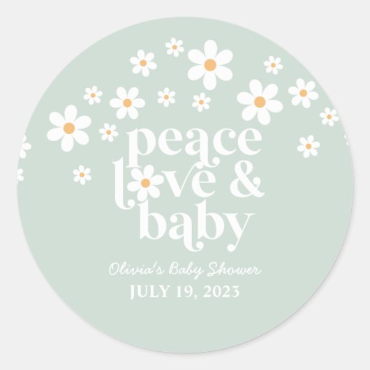 Sticker Rond Retro Daisy boho Peace Love Baby shower (Devant)
