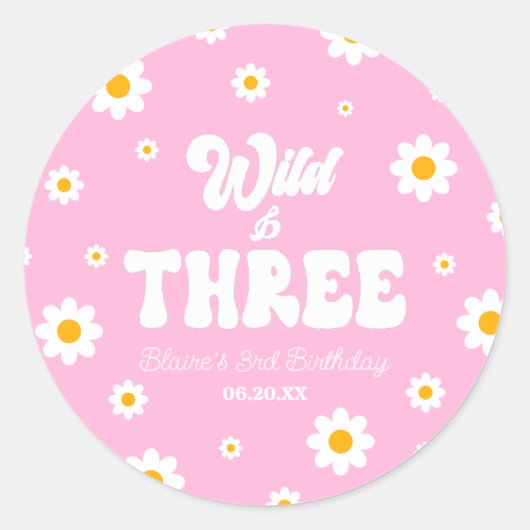 Sticker Rond Retro Daisy Flower Wild & Trois 3e fête d'annivers (Devant)