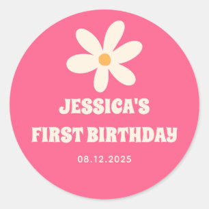 Sticker Rond Retro Daisy Hot Pink Kids 1st Birthday Party