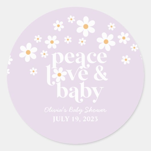 Sticker Rond Retro Daisy lavender boho Peace Love Baby shower (Devant)