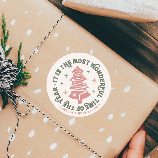 Sticker Rond Rétro de Noël rose