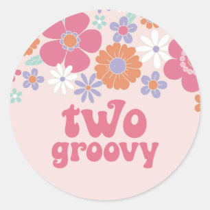 Sticker Rond Rétro Deux Groovy Fleur Rose