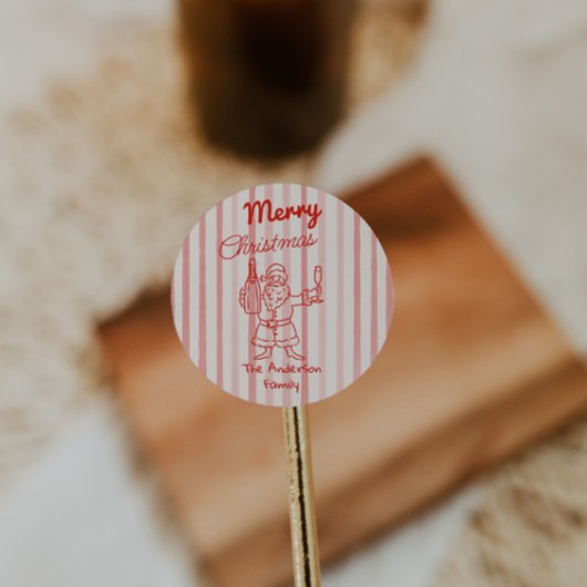 Sticker Rond Retro Drawn Red Stripes Santa Claus Christmas