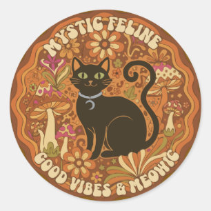 Sticker Rond Rétro Félin Mystique Groovy Chat Noir & Champignon