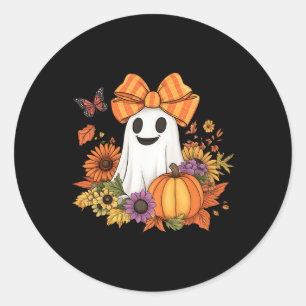Sticker Rond Retro Floral Boo Ghost Citrouille Bow Halloween Fe
