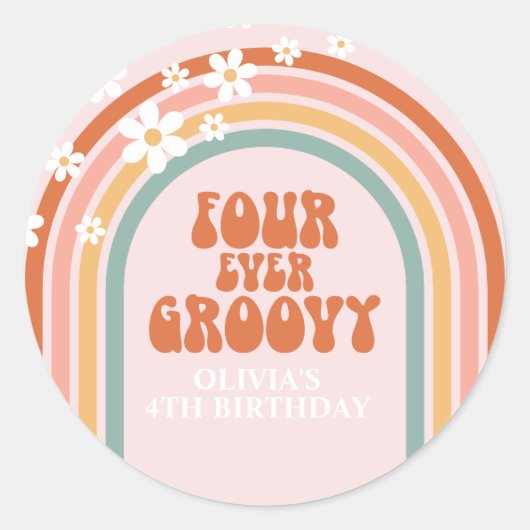 Sticker Rond Retro Four Ever marguerite Super arc-en-ciel 4e an (Devant)