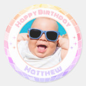Sticker Rond Retro Funky 90s Disco Ball Happy Birthday Photo (Devant)