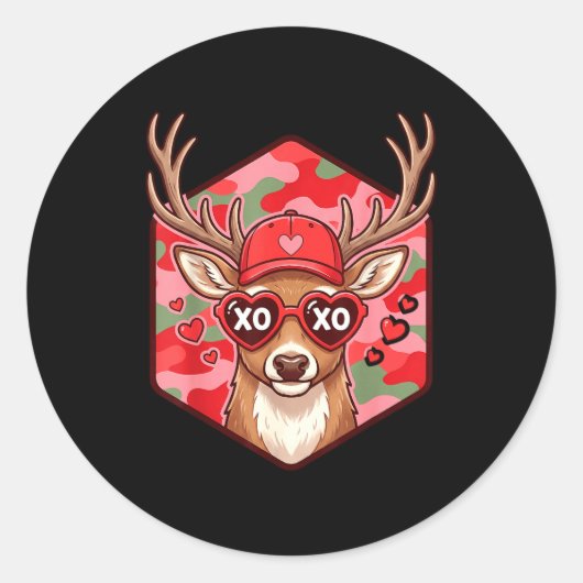 Sticker Rond Retro Funny Boys Valentines Day Hunting Deer Camo  (Devant)