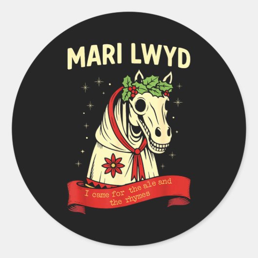 Sticker Rond Retro Funny Folklore Skeleton Horse Mari Lwyd Yule (Devant)