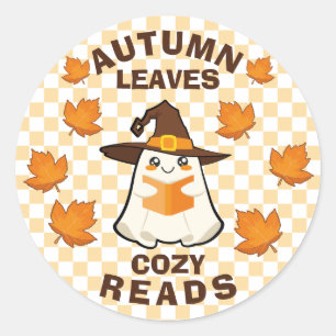 Sticker Rond Retro Ghost Automne Feuilles Cosy Lectures Hallowe