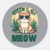 Sticker Rond Rétro "Green is the New Meow" Cool Chat Nature Art (Devant)